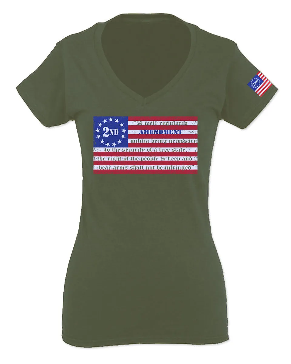 VICES AND VIRTUESS 2nd Amendment 1776 George Washington Flag American USA Guns Control For Women V neck fitted T Shirt