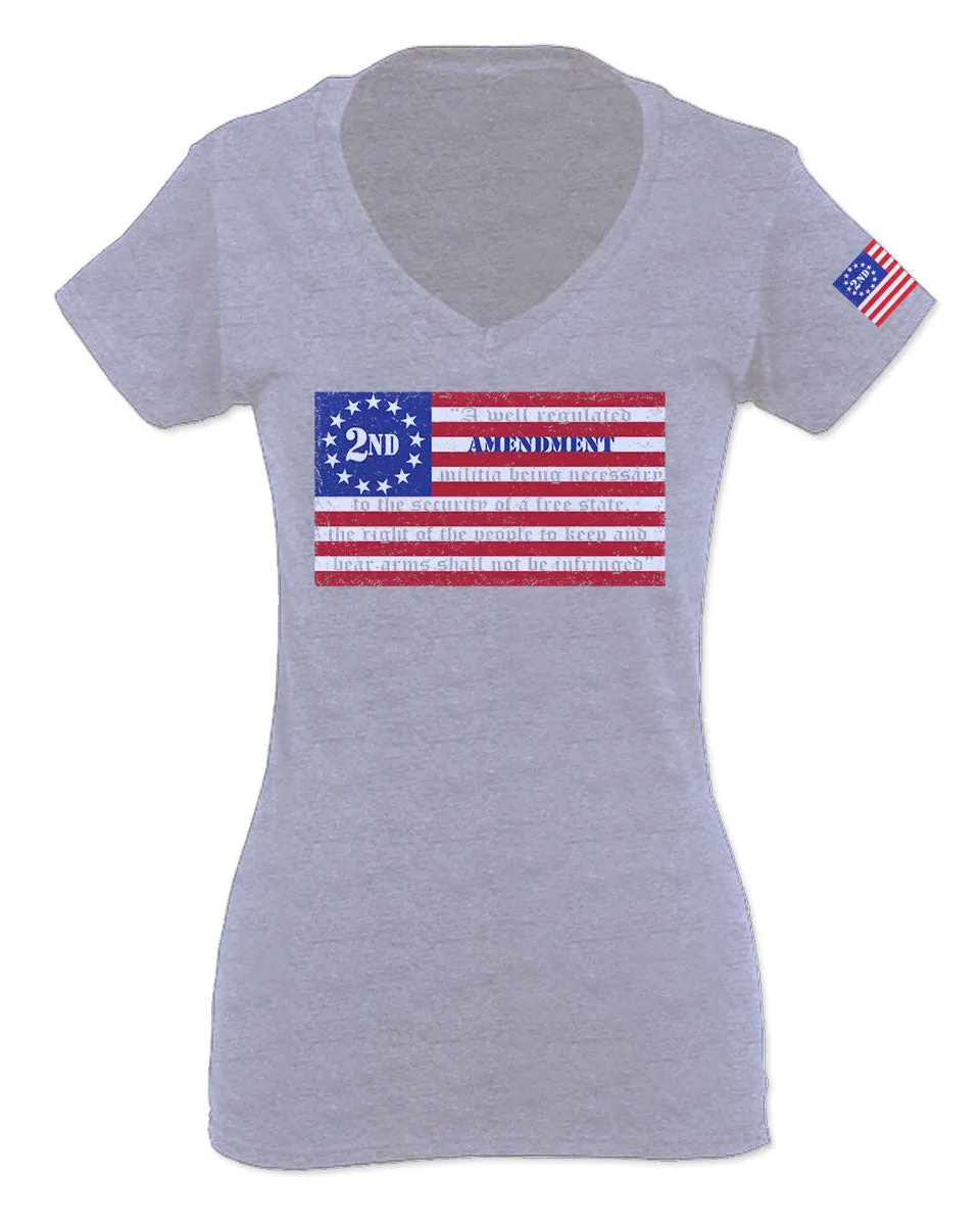 VICES AND VIRTUESS 2nd Amendment 1776 George Washington Flag American USA Guns Control For Women V neck fitted T Shirt
