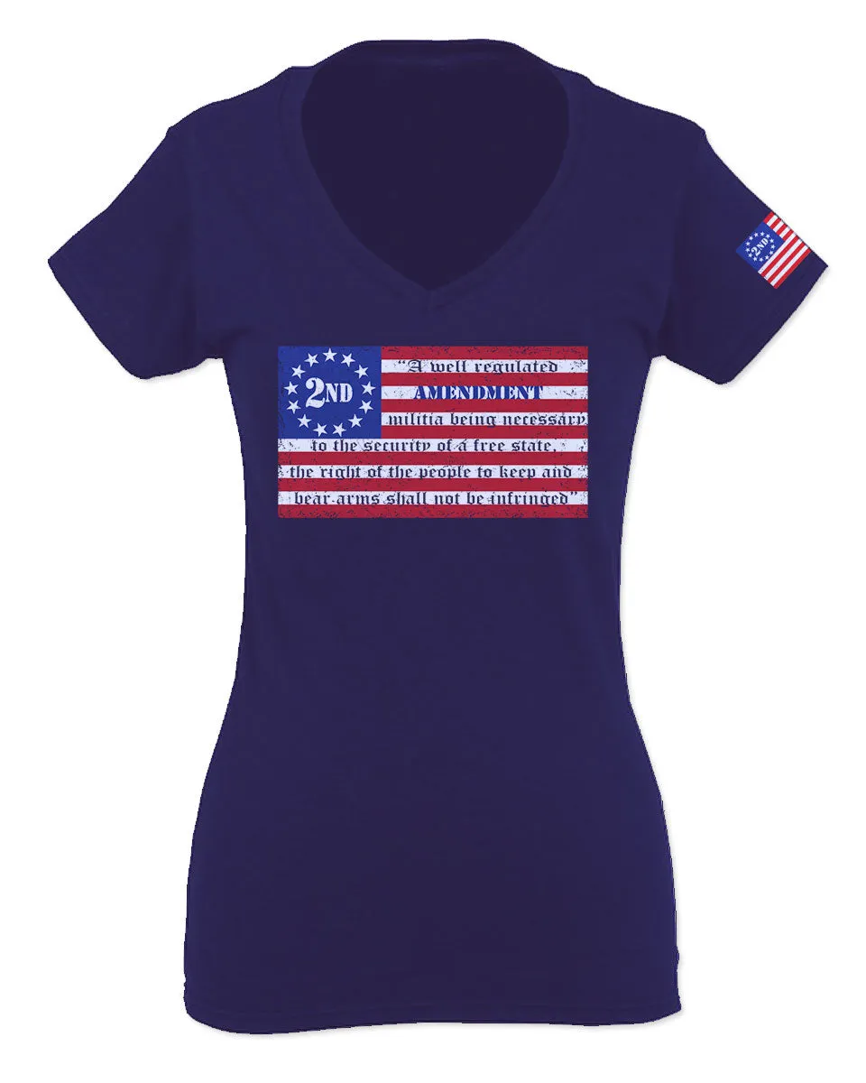 VICES AND VIRTUESS 2nd Amendment 1776 George Washington Flag American USA Guns Control For Women V neck fitted T Shirt