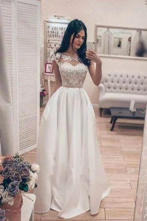 Vintage A-line Satin Lace Bodice Bateau Neck Corset Back Wedding Dresses, MW747