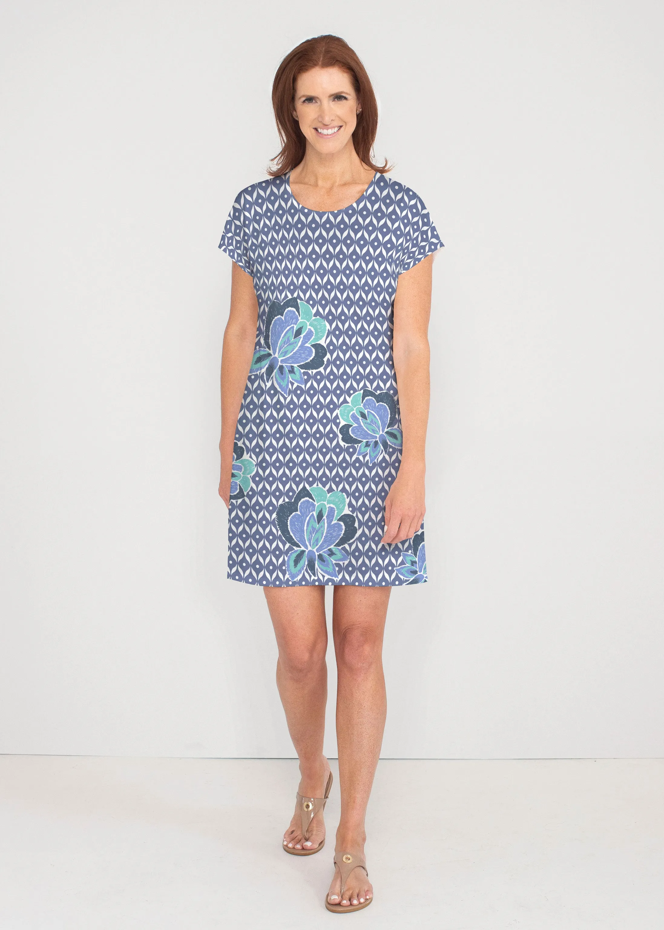Vintage Blooms Blue (8060) ~ French Terry Short Sleeve Crew Dress