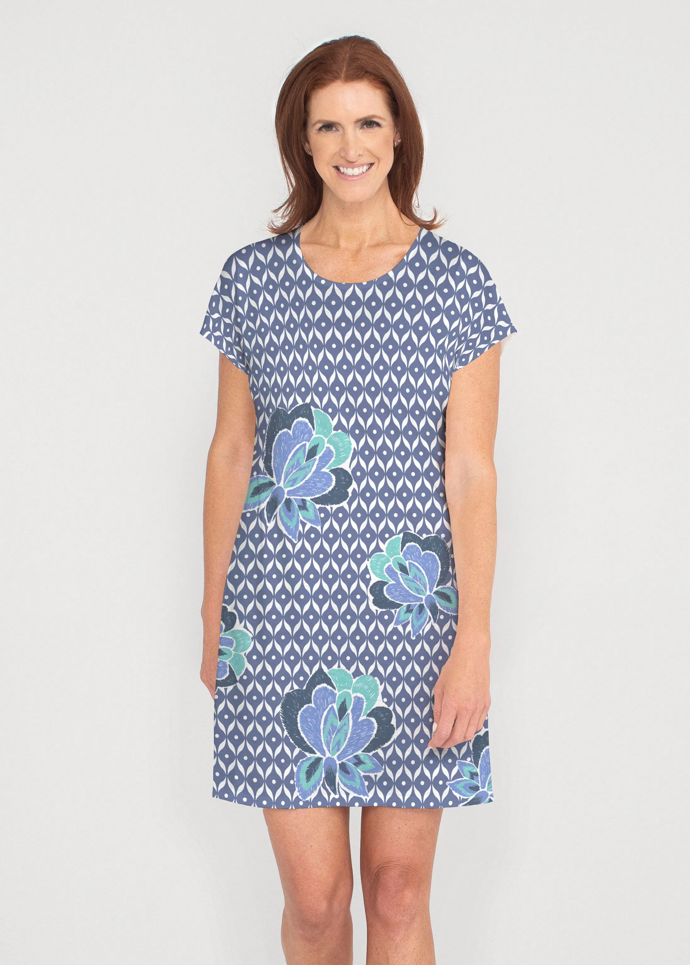Vintage Blooms Blue (8060) ~ French Terry Short Sleeve Crew Dress