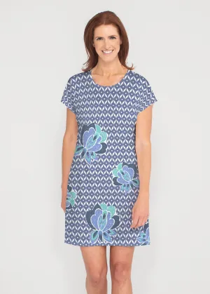 Vintage Blooms Blue (8060) ~ French Terry Short Sleeve Crew Dress