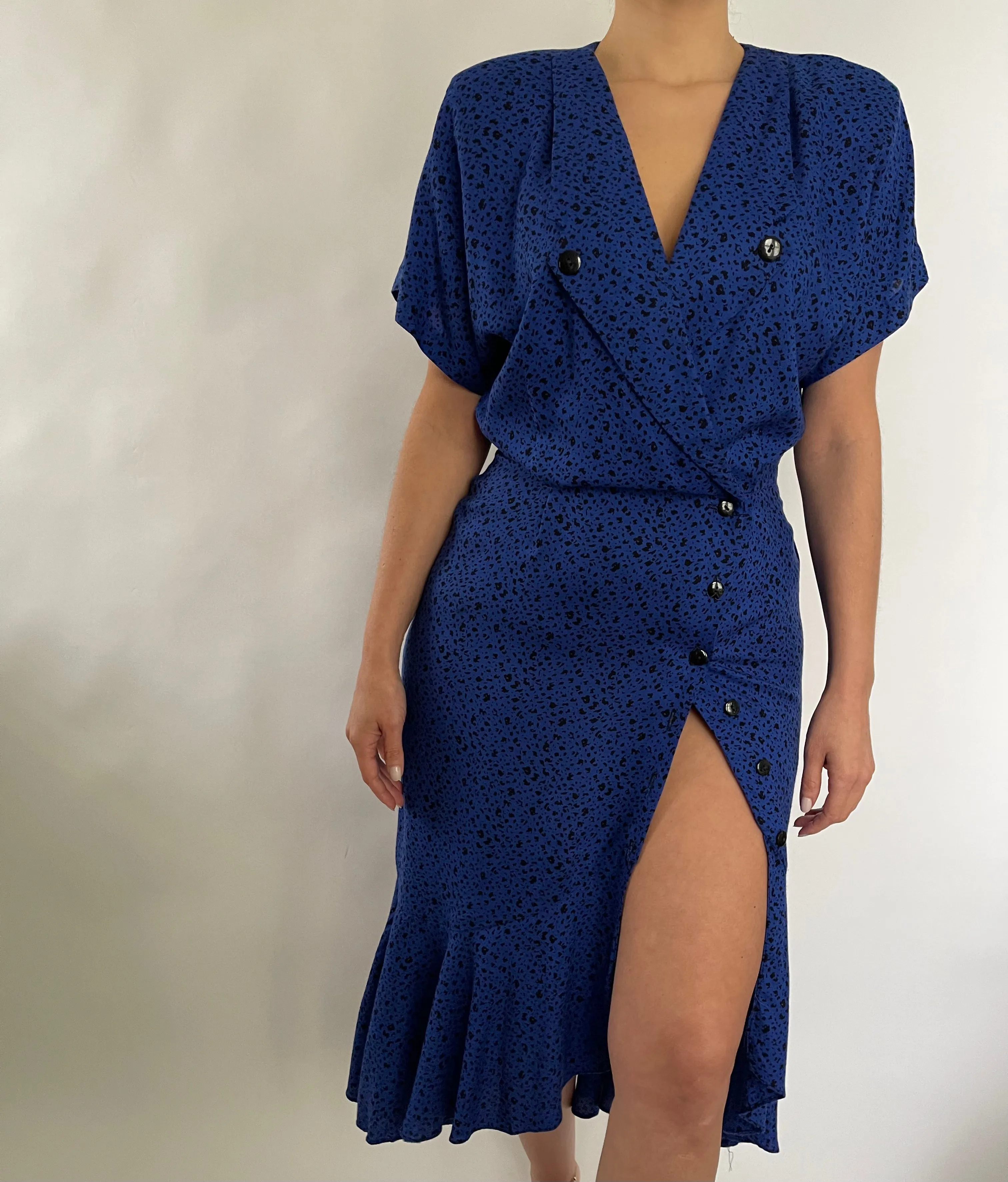 VINTAGE ELECTRIC BLUE PRINTED BUTTON UP MIDI DRESS - SIZE S
