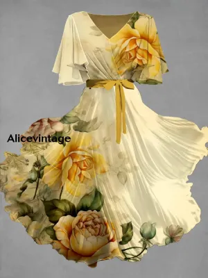 Vintage Floral Art Print Chic V-Neck Short Sleeve Midi Dress