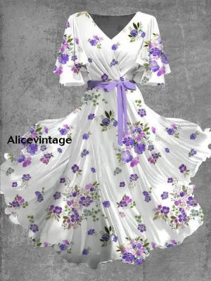 Vintage Floral Art Print Chic V-Neck Short Sleeve Midi Dress