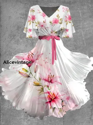 Vintage Floral Art Print Chic V-Neck Short Sleeve Midi Dress