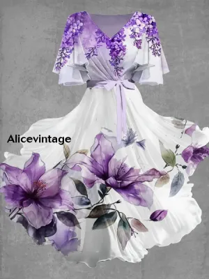 Vintage Floral Art Print Chic V-Neck Short Sleeve Midi Dress