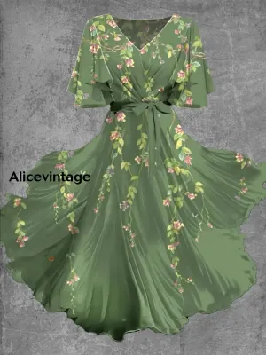 Vintage Floral Art Print Chic V-Neck Short Sleeve Midi Dress