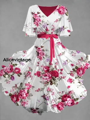 Vintage Floral Art Print Chic V-Neck Short Sleeve Midi Dress