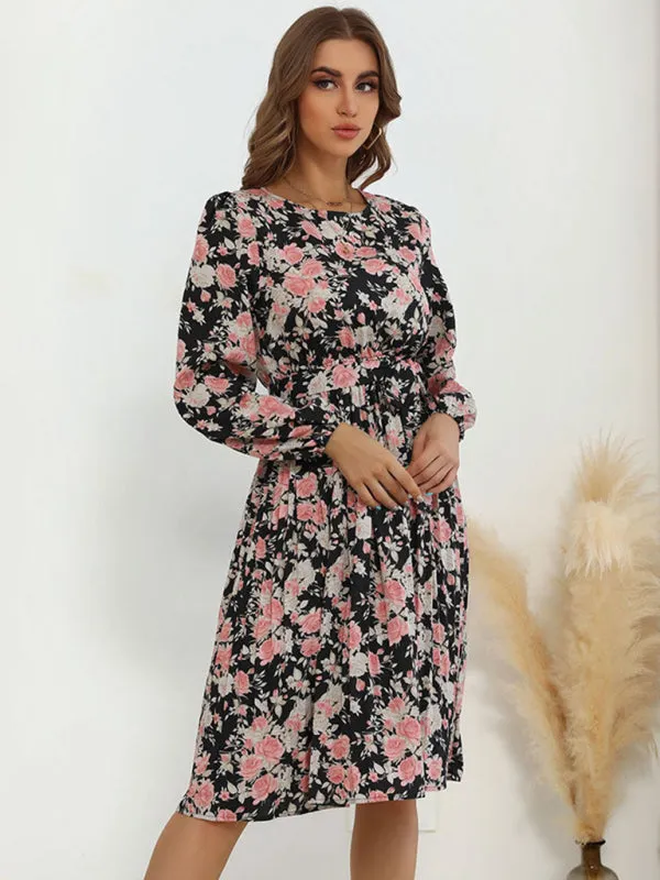 Vintage Floral Print A-Line Dress with Long Sleeves