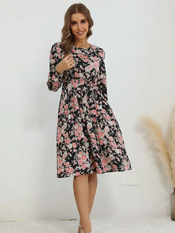 Vintage Floral Print A-Line Dress with Long Sleeves