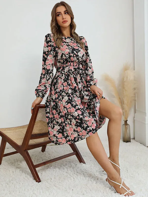 Vintage Floral Print A-Line Dress with Long Sleeves