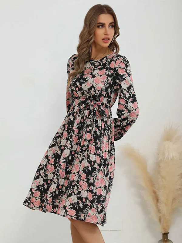 Vintage Floral Print A-Line Dress with Long Sleeves