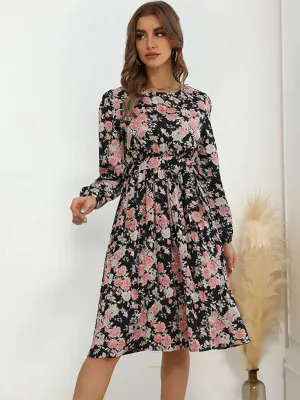 Vintage Floral Print A-Line Dress with Long Sleeves