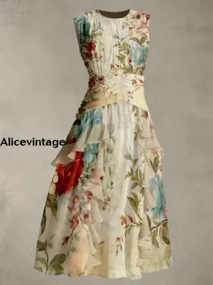 Vintage Floral Print Round Neck Sleeveless Maxi Dress