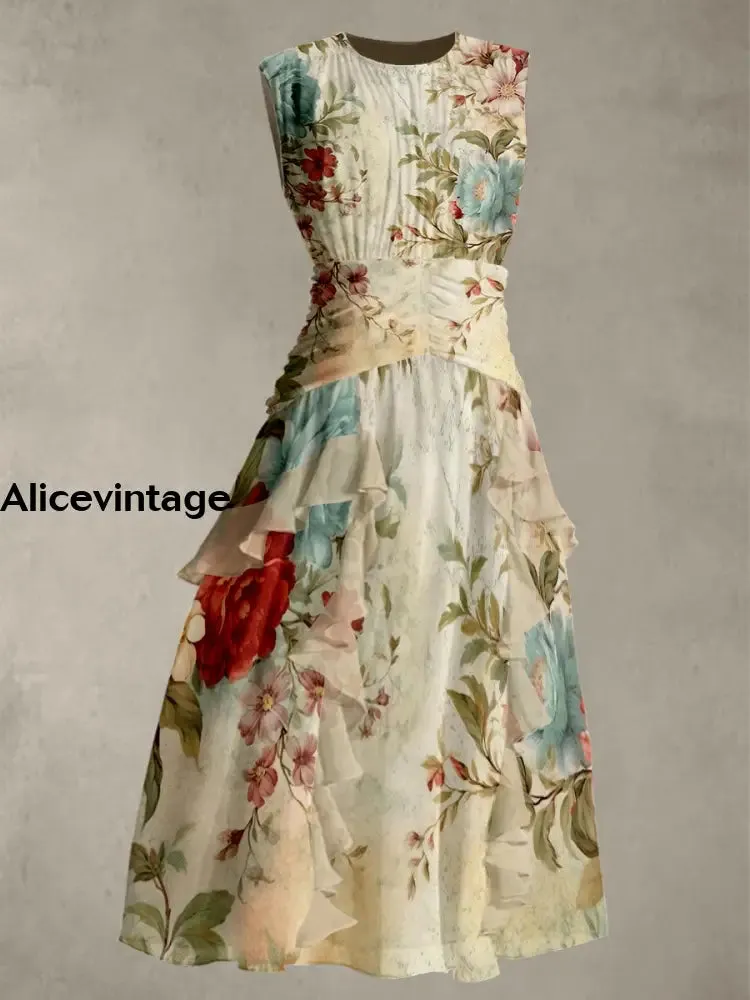 Vintage Floral Print Round Neck Sleeveless Maxi Dress