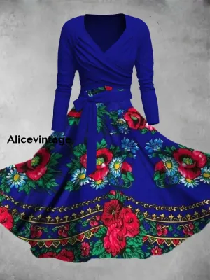 Vintage Floral Print V-Neck Elegant Chic Midi Two-Piece Long Sleeve Dress