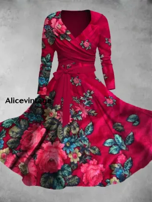 Vintage Floral Print V-Neck Elegant Chic Midi Two-Piece Long Sleeve Dress