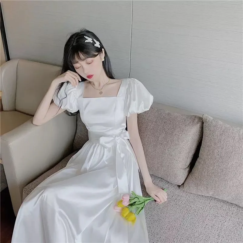 Vintage French White Puff Sleeve Long Dress