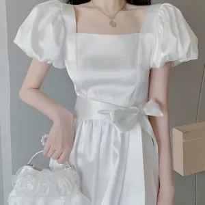 Vintage French White Puff Sleeve Long Dress