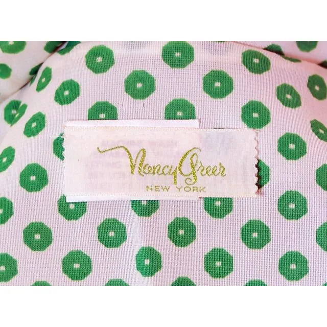 Vintage Geometric Print Dress Green & White Nancy Greer 1970s 38-27-FREE