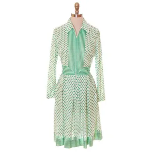 Vintage Geometric Print Dress Green & White Nancy Greer 1970s 38-27-FREE