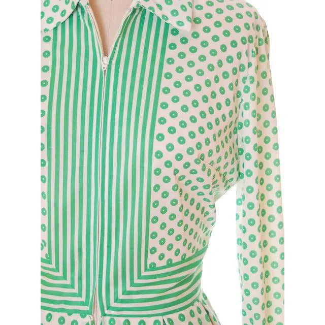 Vintage Geometric Print Dress Green & White Nancy Greer 1970s 38-27-FREE