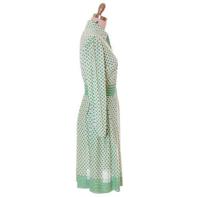 Vintage Geometric Print Dress Green & White Nancy Greer 1970s 38-27-FREE