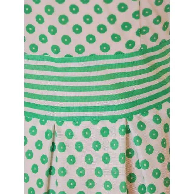 Vintage Geometric Print Dress Green & White Nancy Greer 1970s 38-27-FREE