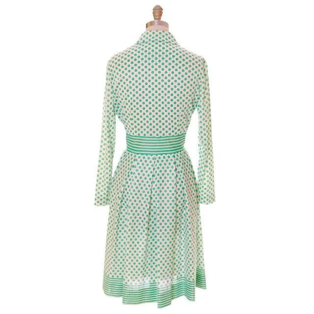 Vintage Geometric Print Dress Green & White Nancy Greer 1970s 38-27-FREE