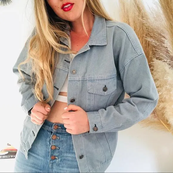 VINTAGE HENGSHENG Light Soft Blue Denim Button Front Jean Jacket Small
