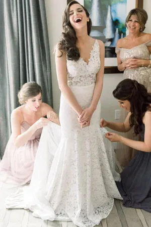 Vintage Ivory Mermaid V-neck Wedding Dresses With Sweep Train, SW433