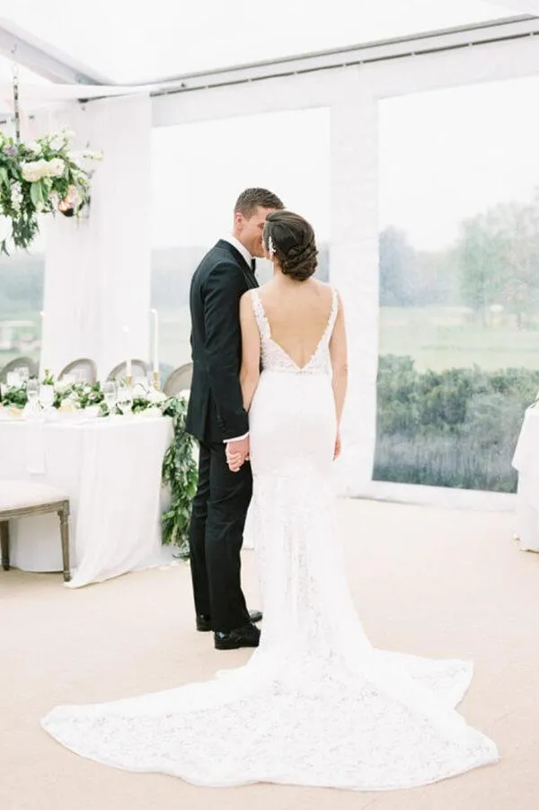 Vintage Ivory Mermaid V-neck Wedding Dresses With Sweep Train, SW433