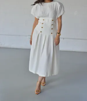 VINTAGE IVORY SHORT SLEEVE STRUCTURED MIDI DRESS - SIZE M