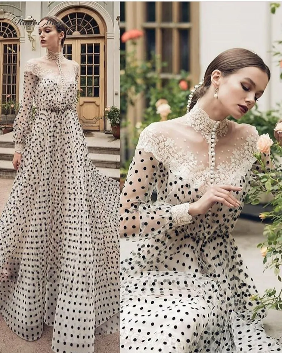 Vintage Lace Black And White Polka Dots Evening Dress Long Sleeves High Neck Arabic Kaftan Dubai Prom Dresses Formal Gowns