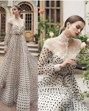 Vintage Lace Black And White Polka Dots Evening Dress Long Sleeves High Neck Arabic Kaftan Dubai Prom Dresses Formal Gowns