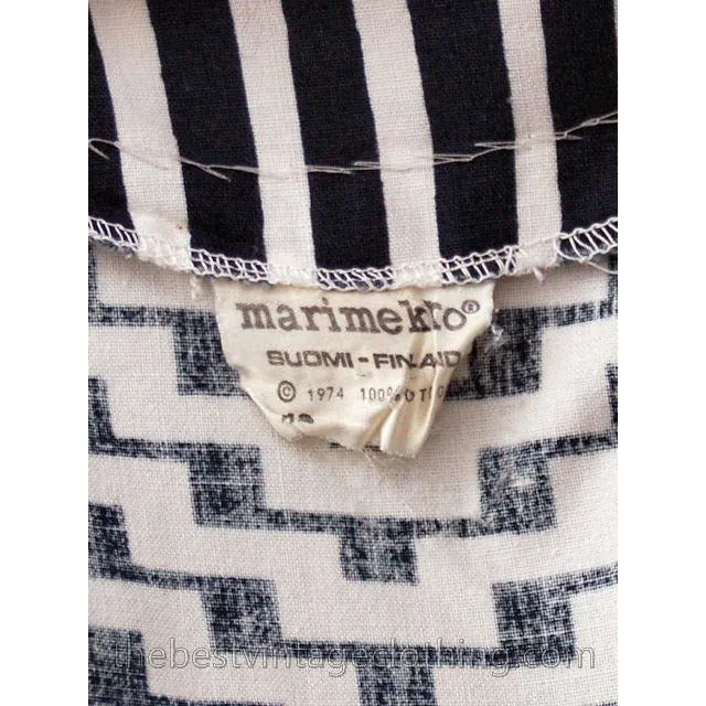 Vintage Marimekko Blue & White Geometric Print Jumper Dress Late 1960s M-L
