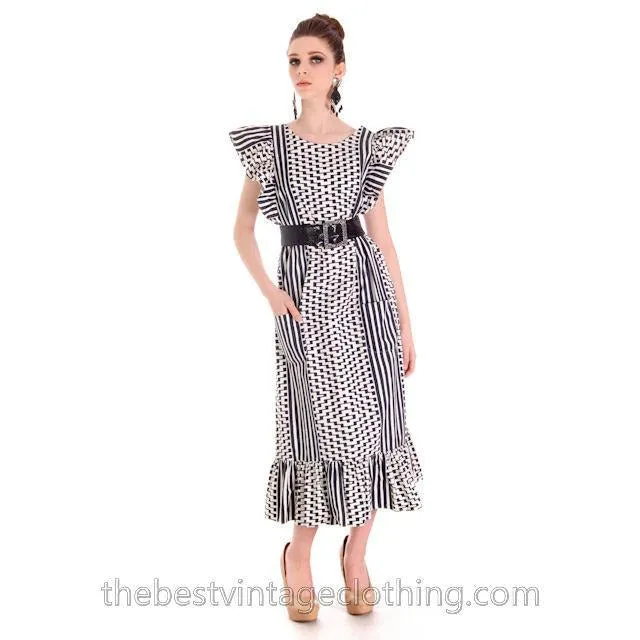 Vintage Marimekko Blue & White Geometric Print Jumper Dress Late 1960s M-L