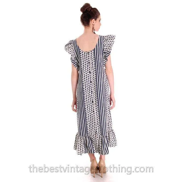 Vintage Marimekko Blue & White Geometric Print Jumper Dress Late 1960s M-L