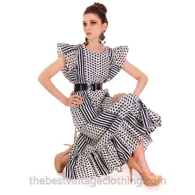 Vintage Marimekko Blue & White Geometric Print Jumper Dress Late 1960s M-L