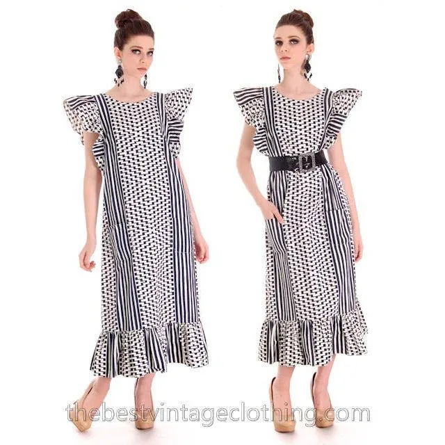 Vintage Marimekko Blue & White Geometric Print Jumper Dress Late 1960s M-L