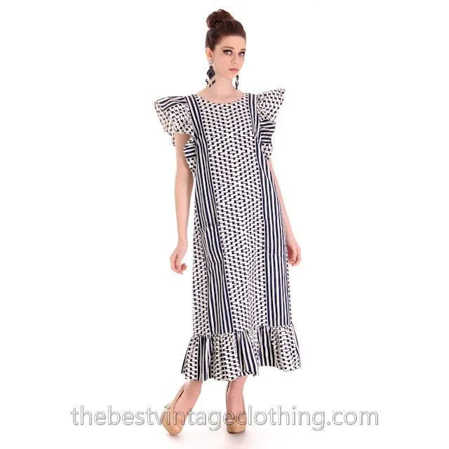 Vintage Marimekko Blue & White Geometric Print Jumper Dress Late 1960s M-L