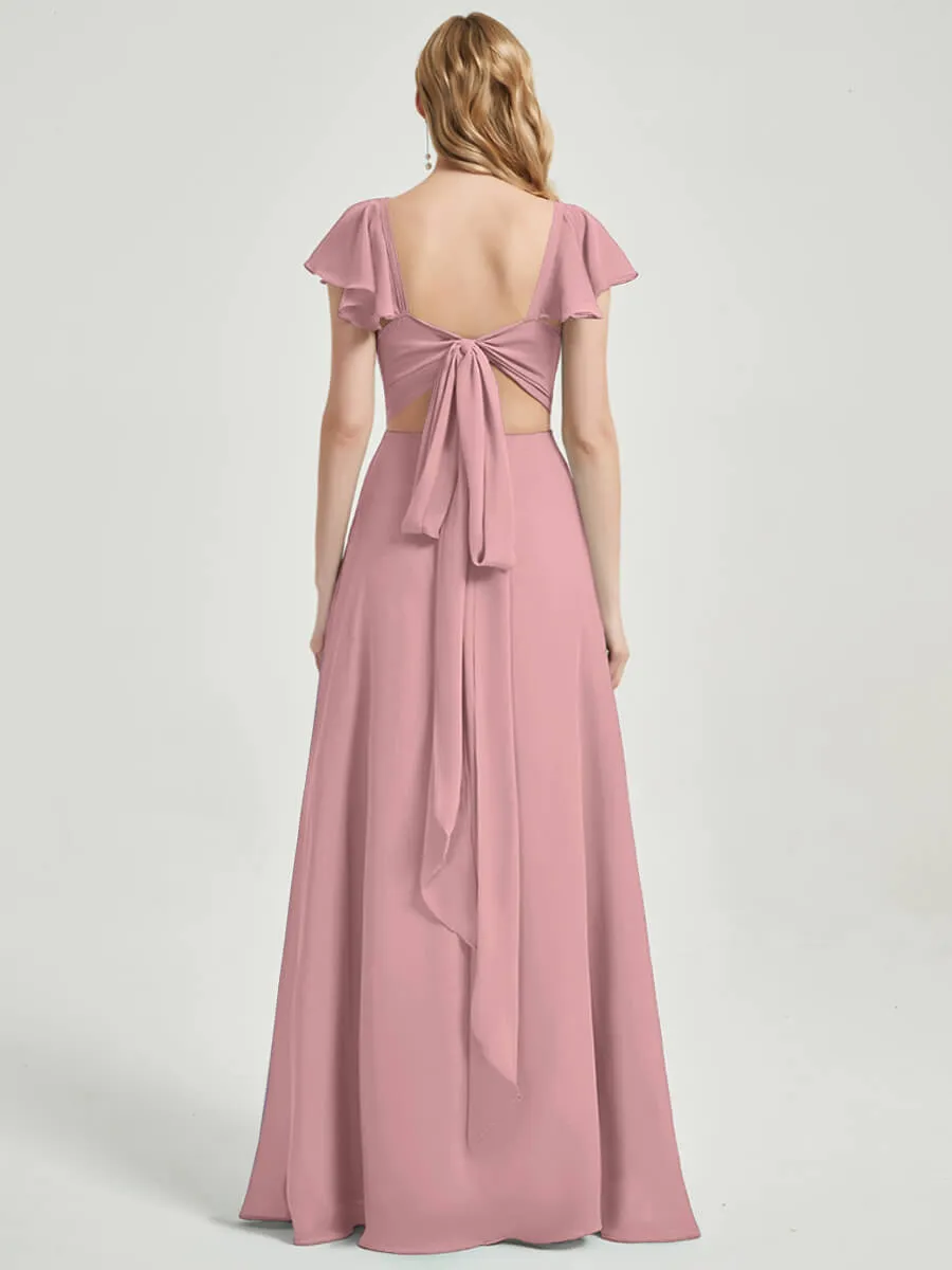 Vintage Mauve Ruffle Sleeves Maxi Chiffon Bridesmaid Dresses With Slit