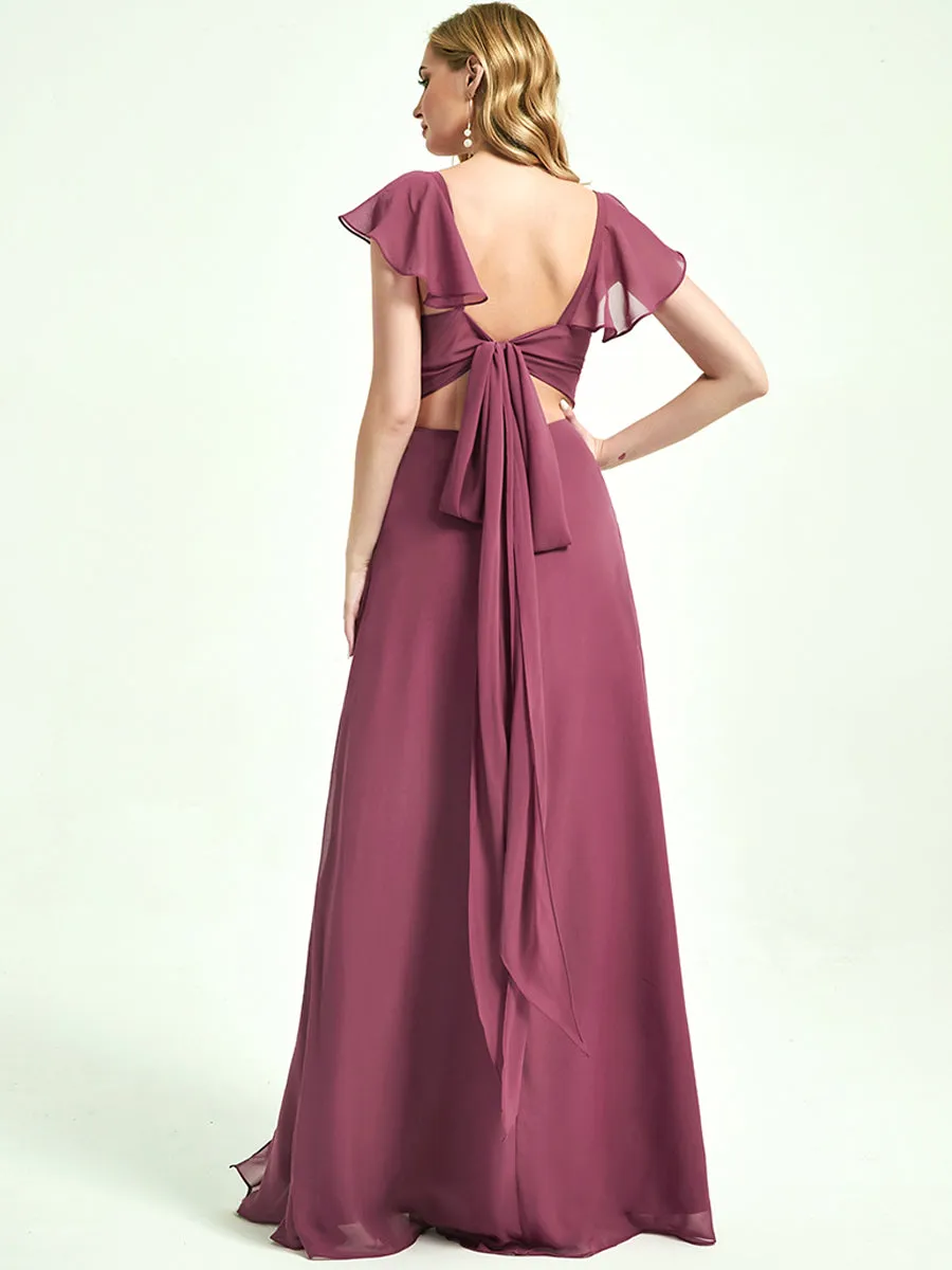 Vintage Mauve Ruffle Sleeves Maxi Chiffon Bridesmaid Dresses With Slit
