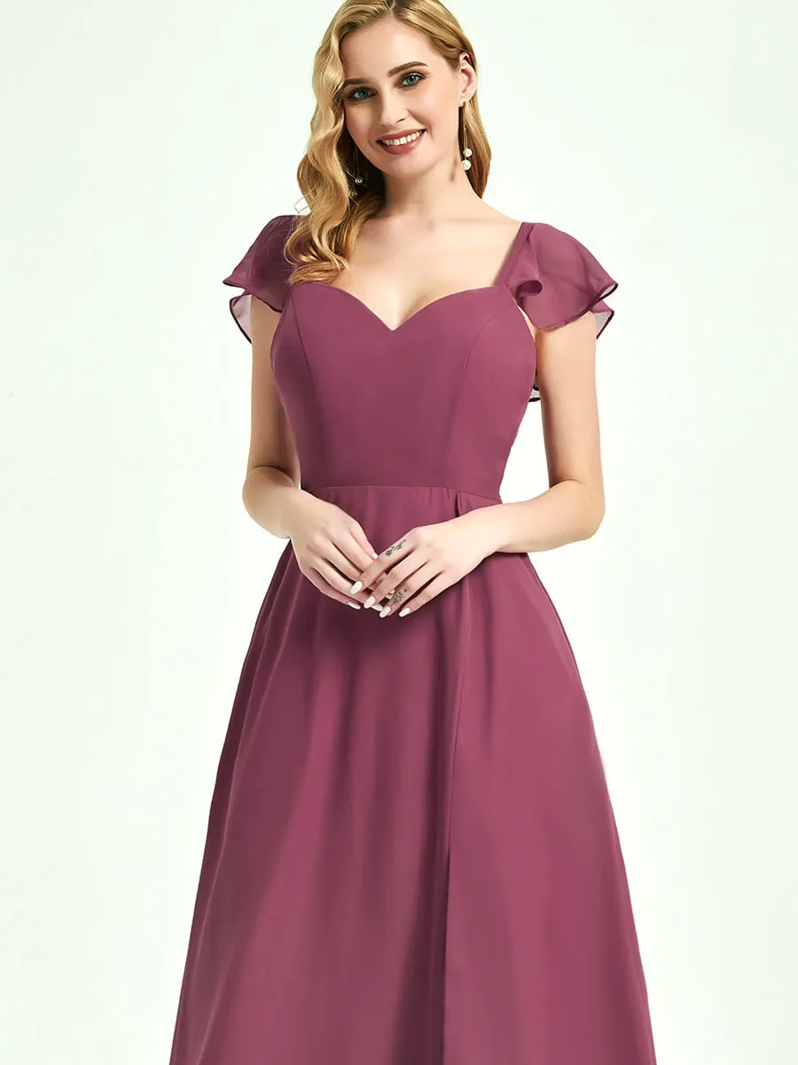Vintage Mauve Ruffle Sleeves Maxi Chiffon Bridesmaid Dresses With Slit