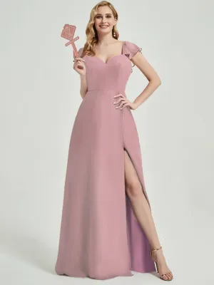 Vintage Mauve Ruffle Sleeves Maxi Chiffon Bridesmaid Dresses With Slit