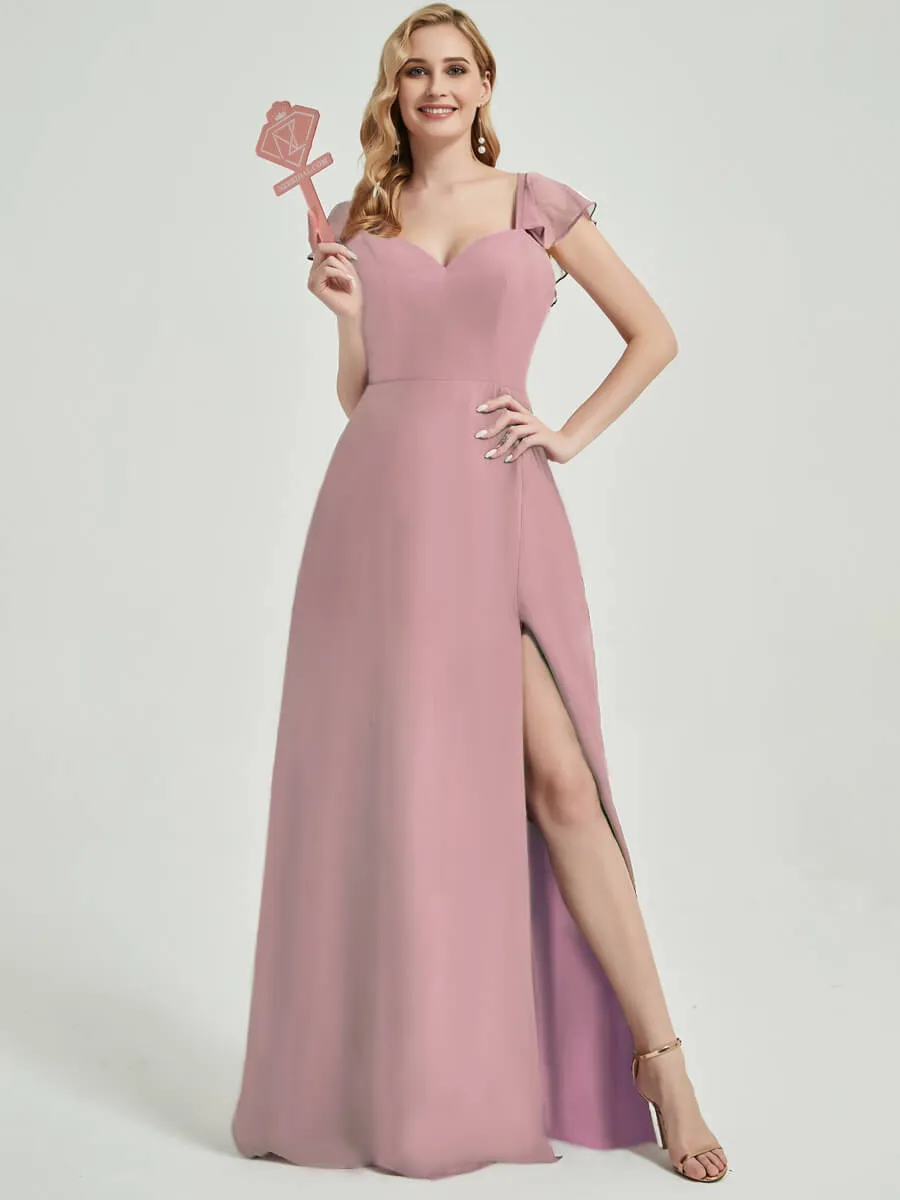 Vintage Mauve Ruffle Sleeves Maxi Chiffon Bridesmaid Dresses With Slit