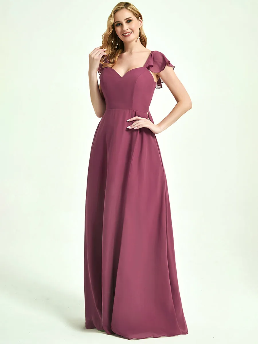 Vintage Mauve Ruffle Sleeves Maxi Chiffon Bridesmaid Dresses With Slit