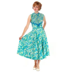 Vintage MCM Day Dress Blue/Green " Cherries" Cotton 1950s Ann Marsh Small